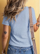 cheap Plain tee-Women's Waffle T-shirt Lace Splicing Top Tee Top Elegant Stylish Short Sleeve V Neck Regular Tops Casual Going out Vacation Wear Blue Black White Green Apricot Summer Spring