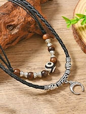 cheap Men's Jewelry-Men's Bohemian Style Double-Layer Necklace, Alloy &amp; Leather Cord Mixed Material, Crescent Moon Pendant, Adjustable, Perfect for Beach Vacation, Daily Casual Wear