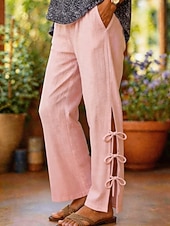 cheap Straight-Leg Pants-Women's Trousers Casual Pants Summer Pants Beach Pants Vacation Fashion Basic Full Length High Waist Plain Pocket Elastic Waist Comfort Lightweight Soft Inelastic Daily Street Holiday Blue White