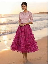 cheap Cocktail Dresses-A-Line Tea Length Lace Dress Cocktail Dresses Elegant Vintage Floral Half Sleeve Crew Neck Garden Party Wedding Pocket Satin Tulle with Embroidered Flower Appliques