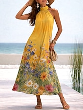 Per donna Abito maxi Vestito Estivo Abito a trapezio Vacanza Spiaggia Vestibilità comoda Floreale Grafico Senza Maniche All'americana Blu Giallo Rosa Estate Primavera