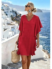 preiswerte Lässige Blumenkleider-Damen Knielanges Kleid Shiftkleid Freizeitkleid Jeanskleid Mode Klassisch Täglich Outdoor Urlaub Lässiger Schnitt Einfach Kurzarm V Ausschnitt Magenta Schwarz Braun Khaki Sommer Frühling