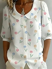 abordables Blusas Florales-Mujer Camisa Camisa con botones Blusa Botones Floral Elegante Clásico Moderno Manga Larga Cuello Camisero Tops regulares Diario Festivos Noche Blanco Rosa Verde Trébol Rosa Brillante Verano Primavera
