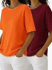  Wielopak 2 szt. damskich T-shirtów z waflowym wzorem, dzianinowe topy z waflowym wzorem, jednolity kolor, stylowy, podstawowy, klasyczny, krótki rękaw, okrągły dekolt, regularny top, swobodny, codzienny, plażowy, różowy + pomarańczowy