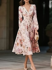 economico Abiti eleganti floreali-Per donna Abito Midi Vestito in Chiffon Abito Floreale Abito Stampato Elegante Moderno All'aperto Vacanza Uscire Vestibilità regolare Floreale Manica Lunga Scollo a V Rosa Estate Primavera