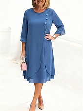 cheap Chiffon Dresses-Women's Midi Dress Chiffon Dress Cocktail Dress Elegant Fashion Outdoor Vacation Going out Loose Fit Plain Long Sleeve Crew Neck Blue Black Summer Spring