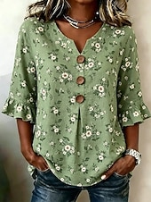 cheap Floral Blouses-Mardi Gras Women's Shirt Floral Graphic Vintage Stylish Long Sleeve V Neck Long Tops Casual Daily Holiday Sage Green Pink Green Summer Spring
