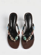 voordelige Hakken Sandalen-Luxe damessandalen met bruine hak - bohemian teenslippers met kleurrijke harssteentjes &amp;Gouden oorknopjes voor avondkleding in resorts en diners op eilanden. &amp;zomergala's