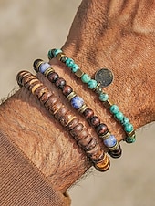 Χαμηλού Κόστους Ανδρικά κοσμήματα-Σετ ανδρικών βραχιολιών μποέμ με τυρκουάζ κέλυφος καρύδας και ξύλινες χάντρες, 3 τεμάχια ελαστικά βραχιόλια που στοιβάζονται για διακοπές στην παραλία, casual καλοκαιρινά ρούχα και καθημερινή χρήση