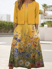  Per donna Insieme del vestito Abito Midi Abito a trapezio Elegante Casual Floreale Grafico Stratificato Stampato Abito Midi Mezza Manica Scollo a V Quotidiano Blu Giallo Rosa Estate Primavera