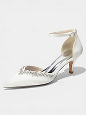 abordables Zapatos de salón de tacón bajo-Zapatos de tacón bajo de satén rosa para mujer, zapatos de salón con tira en el tobillo y punta afilada con pedrería para cócteles y bodas. &amp;eventos nocturnos