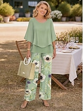  Жен. Комплекты брюк Рукав до локтя Бабочка Круглый вырез Цветочный принт Графика Элегантный стиль Отпуск Повседневные Отпуск Свадебный гость Синий Розовый Лиловый Весна лето Стандартный