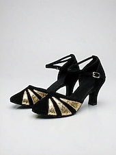 abordables Años 1920 &amp; Era Gatsby-Zapatos de tacón de ante negro estilo Gran Gatsby de los años 20 para mujer: elegantes zapatos de salón rojos con purpurina y estampado de rayos de sol, con correa en el tobillo, ideales para fiestas