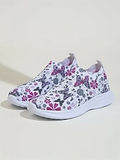 cheap Women's Sneakers-Women's Purple Butterfly Floral Print Sneakers, Breathable Knit Rhinestone Slip On Shoes, Comfortable Casual Walking Shoes for Daily, Vacation &amp; Weekend