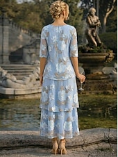 billige Ankellengde-A-linje Kjoler Ankellengde Festkjole Cocktail Kjole Kjole til brudens mor Halvlange ermer Øsehals Elegant Årgang Formell Bryllupsgjest Ferie Chiffon med Blomstertrykk Drapert Broderi