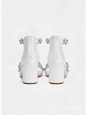 abordables Sandalias de tacón-Sandalias de tacón cuadrado de satén azul para mujer: zapatos de noche adornados con diamantes de imitación y correa en el tobillo para banquetes formales y cócteles.