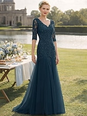 preiswerte Bodenlänge-A-Linie Bodenlange Schleppe Kleid für Hochzeitsgäste Abendkleid Brautmutterkleid Halbarm V Ausschnitt Elegant Hochzeitsfeier Spitze Tüll nein mit Rüschen Applikationen