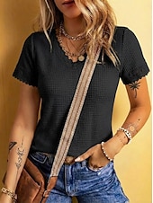 cheap Plain tee-Women's Waffle T-shirt Lace Splicing Top Tee Top Elegant Stylish Short Sleeve V Neck Regular Tops Casual Going out Vacation Wear Blue Black White Green Apricot Summer Spring