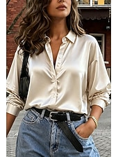 abordables Blusas Elegantes-Mujer Camisa Top de satén Blusa Tops elegantes Frunce Botones En Cortina Color sólido Plano Elegante Vintage damas Manga Larga Cuello Camisero Tops regulares Casual Diario Trabajo Plata Champaña