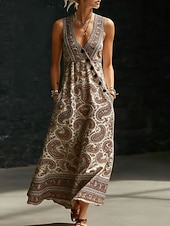 economico Abiti Boho-Per donna Abito maxi Vestito Estivo Vestito Casual Abito a trapezio Elegante Vacanza Spiaggia Ferie Vestibilità regolare Grafico Paisley Astratto Senza Maniche Scollo a V Rosso Marrone Beige Estate