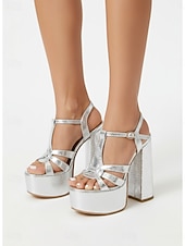 cheap 1970s Disco &amp; Hippie-Women's 1970s Disco Silver Platform Heels - Sparkling Glitter Chunky High Heel Sandals with T-Strap Design for Studio 54 Parties, Nightclub Events &amp; Glam Retro Outfits