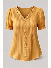  Femmes T-shirt Dentelle Patchwork Uni Mode Élégant Classique Manche Courte Col en V Hauts Réguliers Quotidien Sortir Week-end Blanche Jaune Bleu Ciel Violet Été Printemps