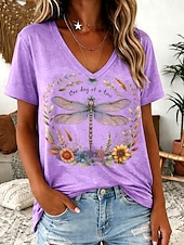 cheap Floral tee-Women's T Shirt Print Floral Graphic Animal Vintage Stylish Classic Short Sleeve V Neck Regular Tops Casual Daily Going out Red Sky Blue Purple Summer Spring