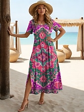 voordelige Boho Jurken-Dames Halflange jurk A lijn jurk Casual Strand Normale pasvorm Grafisch Geometrisch Korte mouw Strakke ronde hals blauw Geel Paars Groen Zomer Lente