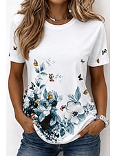 preiswerte Blumen-T-Shirt-Damen T Shirt Druck Blumen Grafik Pflanzen Bohemien Hawaiianisch Stilvoll Kurzarm Rundhalsausschnitt Rundhals Normale Oberteile Lässig Täglich Weiß Weiß 2 Weiß 3 Sommer Frühling Herbst