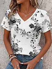 cheap Floral tee-Women's T Shirt Print Floral Graphic Stylish Classic Casual Short Sleeve V Neck Regular Tops Casual Daily Blue White Pink Summer Spring
