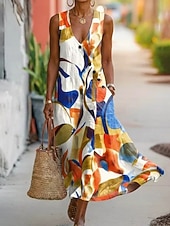 abordables Robes fleuries-Femmes Robe maxi Robe d'Été Robe Décontractée Robe trapèze Élégant Vacances Fluide Plage Fête Coupe régulière Graphique Géométrique Abstrait Sans manches Col en V Noir Jaune Orange Été Printemps