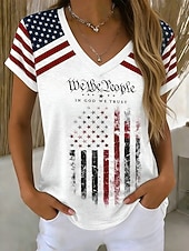  American Independence Day Women's T Shirt Print Graphic American Flag Stylish Classic Casual Short Sleeve V Neck Regular Tops Casual Daily White Brown Summer Spring