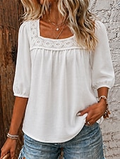  Women's Linen-feel Shirts Blouse Lace Trim Solid Color Daily Stylish Basic 3/4 Length Sleeve Square Neck Regular Tops Casual Daily Blue White Pink Navy Blue Green Summer Spring Fall