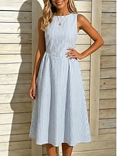 abordables Robe Rayée et Géométrique-Femmes Robe Midi Robe Décontractée robe rayée Robe trapèze Élégant Mode Quotidien Vacances Coupe régulière Rayé Sans manches Col ras du cou Bleu Noir Jaune Rose rouge Été Printemps