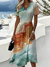 cheap Elegant Floral Dresses-Women's Midi Dress A Line Dress Vacation Casual Boho Regular Fit Floral Graphic Short Sleeve V Neck Blue White Purple Orange Summer Spring