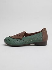 levne Dámské boty s plochou podrážkou-Dámské khaki perforované nazouvací boty s barevnými bloky – prodyšné vintage boty širokého střihu pro každodenní nošení, cestování a pohodlí při každodenním nošení
