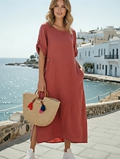 cheap Dresses-Women's Maxi Dress Cotton Linen Dress Fashion Modern Daily Outdoor Vacation Loose Fit Plain Short Sleeve Crew Neck Blue Pink Red Dark Green Summer Spring