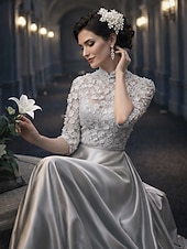 economico Lunghezza del pavimento-Linea ad A Lunghezza al pavimento Abito da invitata a nozze Abito Formale Abito da sera Abito da cerimonia per signora Mezza Manica Collo Alto Elegante Vintage Ospite di nozze Ricevimento di