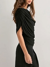  Women's T Shirt Tee Dressy Tops Ruched Graphic Plain Elegant Short Sleeve Crew Neck Regular Tops Casual Beach Summer Black Summer Spring