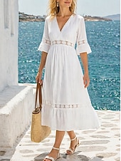 cheap Plain Dress-Women's Midi Dress Chiffon Dress Lace Dress White Dress Elegant Fashion Beach Vacation Holiday Regular Fit Plain Half Sleeve V Neck White Summer Spring