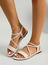 economico Donne-Sandali da donna bianchi con cinturini - comode scarpe estive basse con sottili cinturini incrociati e tallone elastico, ideali per vacanze al mare e viaggi sulle isole.