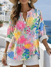 voordelige Bloemen Blouses-Dames Blouse Afdrukken Bloemig Grafisch Vintage Dagelijks Stijlvol Lange mouw V-hals Normale tops Casual Dagelijks Feestdagen blauw Geel Blozend Roze Paars Zomer Lente