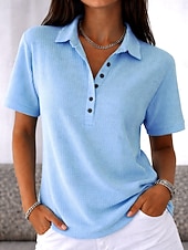  Túnica Waffle Feminina Botões Sólido Cor Simples Vintage Estilosa Clássica Manga Curta Gola Virada Tamanhos Regulares Diários Branco Rosa Azul Claro Verão Primavera