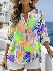 voordelige Bloemen Blouses-Dames Blouse Afdrukken Bloemig Grafisch Vintage Dagelijks Stijlvol Lange mouw V-hals Normale tops Casual Dagelijks Feestdagen blauw Geel Blozend Roze Paars Zomer Lente