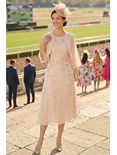 abordables Longitud a la altura del tobillo-Vestido de fiesta A-line hasta el tobillo vestido de cóctel vestido de invitada de boda vestido de madre de la novia manga 3/4 escote redondo elegante formal encaje con encaje
