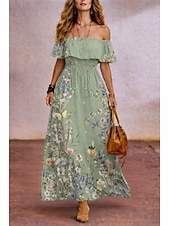baratos Vestidos Florais-Vestido longo feminino de chiffon, modelo tubinho, estilo evasê, com ombros à mostra, ideal para férias, festas na praia, casamentos, modelagem padrão, estampa floral, sem mangas, nas cores azul e
