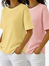  Wielopak 2 szt. damskich T-shirtów z waflowym wzorem, dzianinowe topy z waflowym wzorem, jednolity kolor, stylowy, podstawowy, klasyczny, krótki rękaw, okrągły dekolt, regularny top, swobodny, codzienny, plażowy, różowy + pomarańczowy