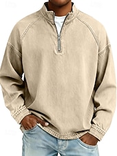 preiswerte Basic-T-Shirts-Herren Hemd aus 100 % Baumwolle in Säurewaschung T-Shirt Langarm Stehkragen Frühling Herbst Herbst Winter Einfach Vintage Streetwear Lässig Reißverschluss Basic Lässig Heim Straße Schwarz Rosa