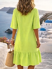 economico Vestiti-Per donna Abito al ginocchio Abiti di lino Abito in lino Essenziale Spiaggia Vacanza Vestibilità comoda Colore Puro Mezza Manica Scollo a V Nero Bianco Verde Estate