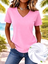  Femmes T-shirt Chemise en coton Couleur Unie Mode Élégant Basique Manche Courte Col en V Hauts Réguliers Occasionnel Quotidien Sortir Blanche Rose Claire Rouge bleu marine Vert Été Printemps